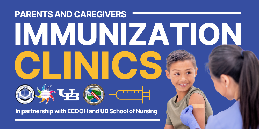 Parents and Caregivers Immunizatrion Clinics in partnership with ECDOH and UB School of Nursing a picture of a medical professional putting on a bandage on a child after a vaccinatiton