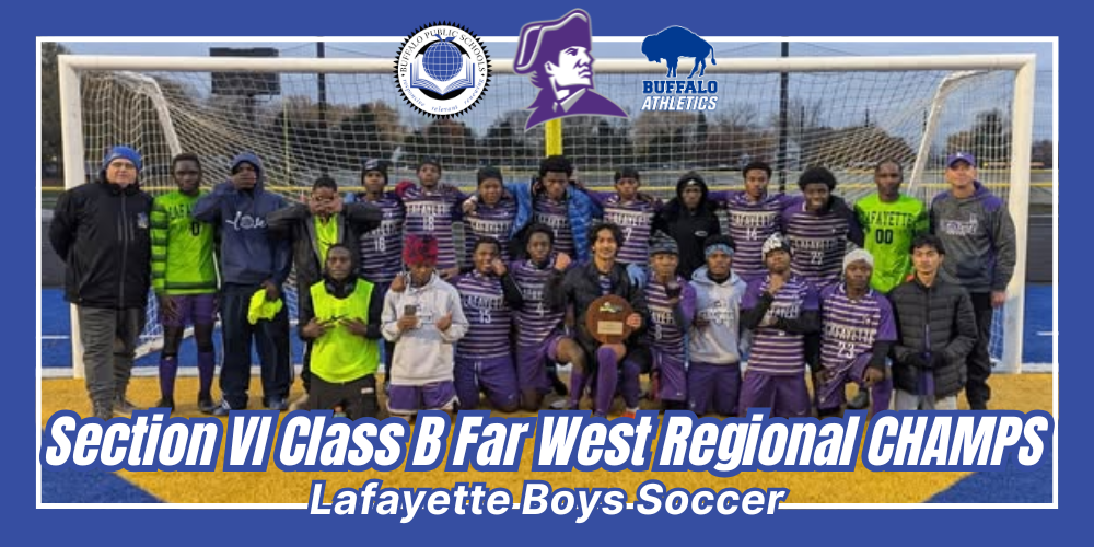 Lafayette Boys Soccer | Section VI Class B Far West Regional CHAMPS picture of team in front of goal with trophy