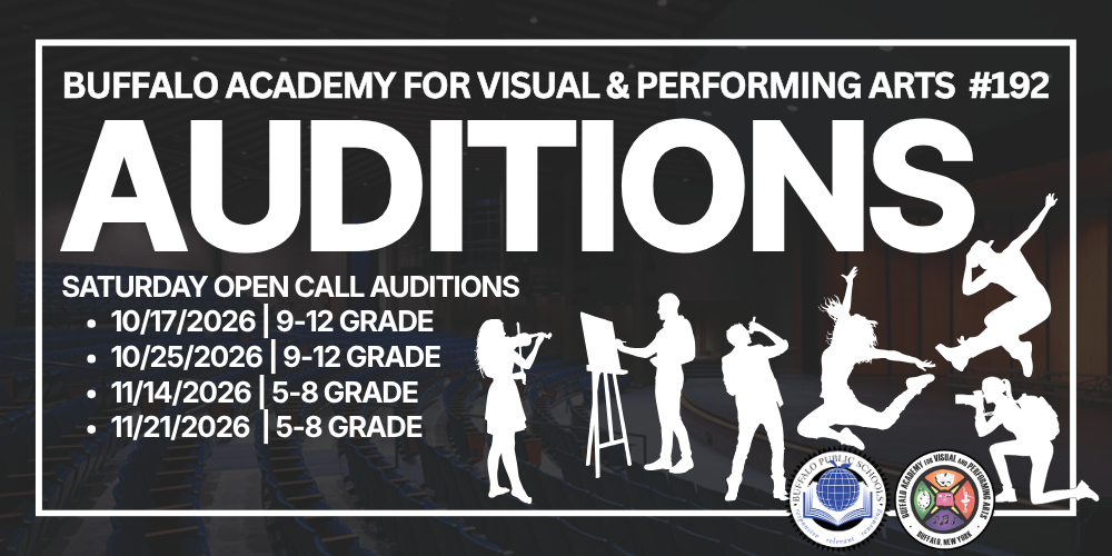 Promotional graphic for Buffalo Academy for Visual & Performing Arts (BAVPA) #192 auditions. Large white text reads “AUDITIONS” with “Saturday Open Call Auditions” and dates “11/14/2026 & 11/21/2026” below. White silhouettes of a violinist, painter, singer, dancers, and photographer appear across a blue theater-themed background. Buffalo Public Schools and BAVPA logos are displayed in the lower left corner.