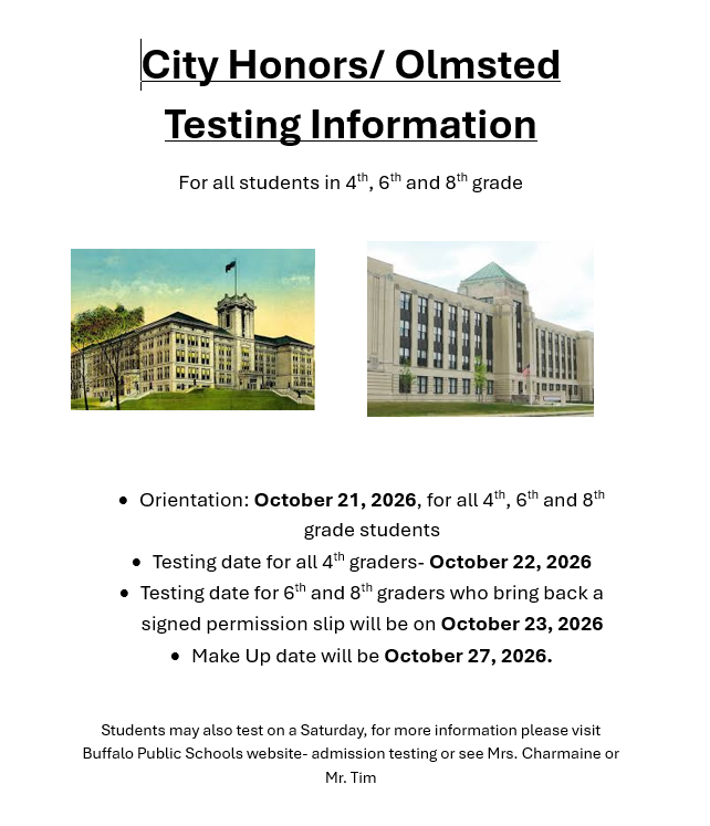 Image of schools with information about City Honors and Olmsted testing shared in text below