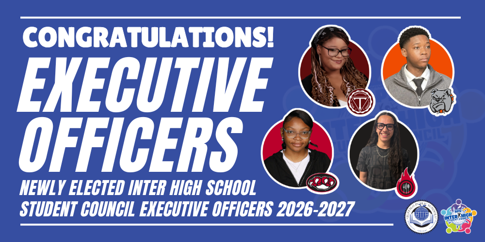 Blue graphic announcing student leadership results. Large white headline reads “CONGRATULATIONS! EXECUTIVE OFFICERS.” Below, smaller white text says “NEWLY ELECTED INTER HIGH SCHOOL STUDENT COUNCIL EXECUTIVE OFFICERS 2026–2027.” On the right side, four circular portrait photos of students are arranged in a clustered layout, each paired with a small school logo or mascot icon. Logos include a stylized “T,” a bulldog illustration, a bear paw print, and a flame symbol. At the bottom right corner, two official seals/logos appear, including Buffalo Public Schools and the “Inter High Student Council” emblem. The background features subtle circular patterns in lighter blue tones, with thin white divider lines at the top and bottom.
