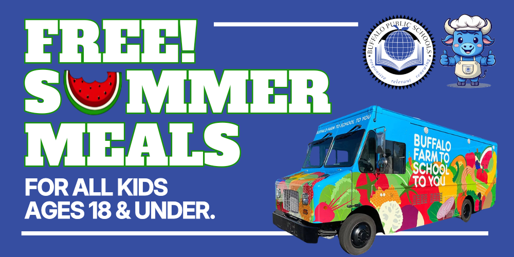 Free Summer Meals for all kids ages 18 & under. Picture  of BPS Farm to School Truck - BPS Logo and  Food Service Logo