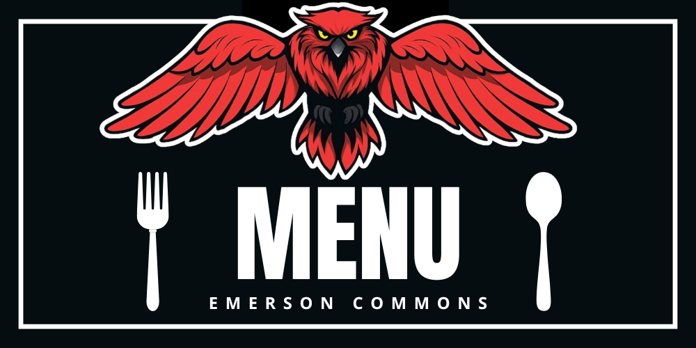 Emerson Commons menu graphic with a red owl mascot spreading its wings above the word ‘Menu,’ framed by a fork and spoon on a black background.