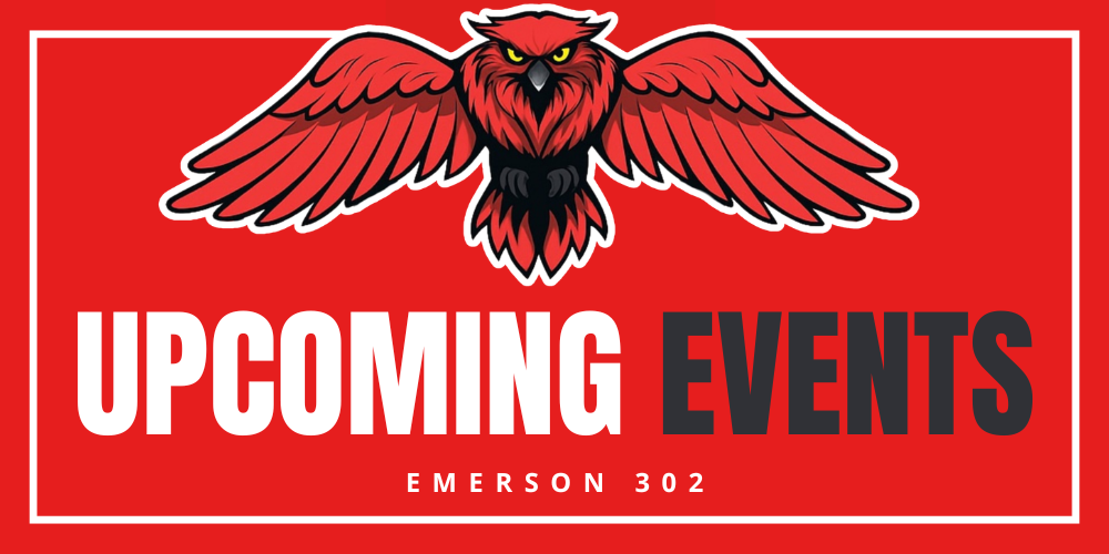 Upcoming Events graphic for Emerson 302 with a red owl mascot spreading its wings above bold text on a red background.