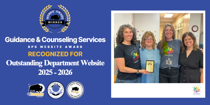 Guidance & Counseling Services recognized for Outstanding Department Website, 2025–2026. Graphic features a Webby Award winner emblem, Buffalo Public Schools website award text, and a group holding an award plaque indoors.