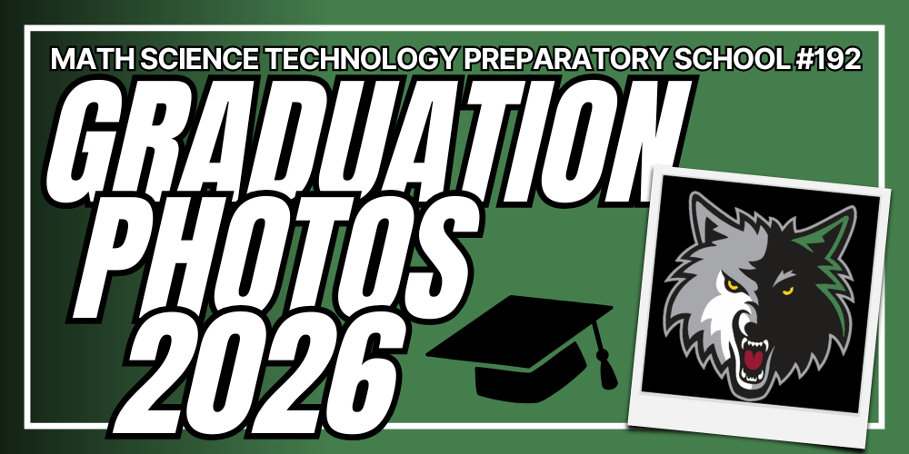 Math Science Technology Preparatory School #192 GRADUATION  PHOTOS 2026 picture of a graduation hat an school wolf logo.