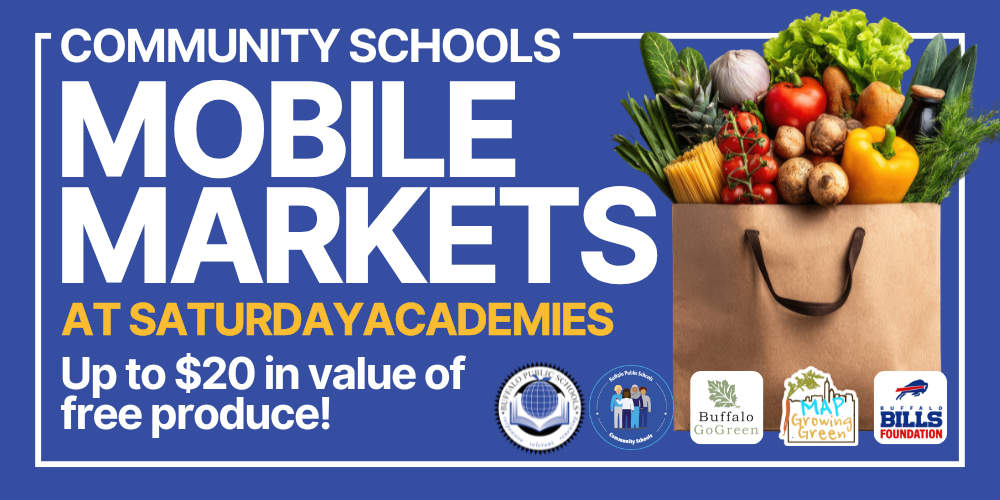 AT SATURDAYACADEMIES COMMUNITY SCHOOLS MOBILE MARKETS Up to $20 in value of free produce! Picture of a Grocery Bag and Logos of Supporting Organizations
