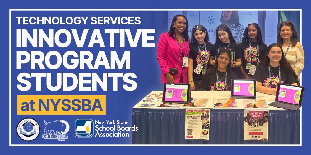 “Technology Services Innovative Program students present a project at the New York State School Boards Association (NYSSBA) conference. The image shows students and staff standing behind a display table with laptops, project materials, and informational posters, alongside Buffalo Public Schools, Technology Services, and NYSSBA logos.”