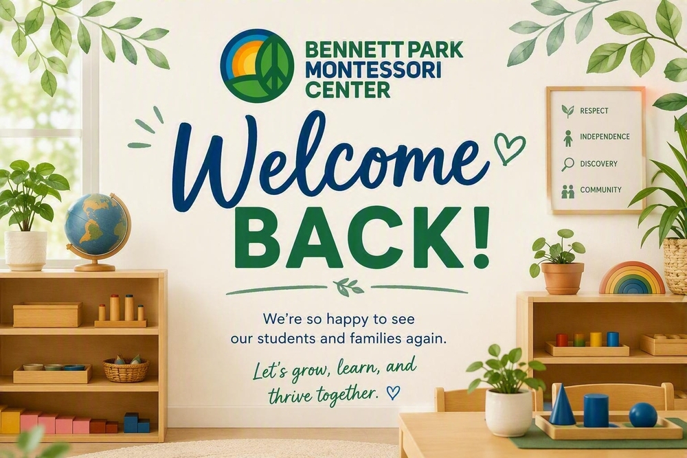 Welcome back banner with image of a Montessori classroom. 