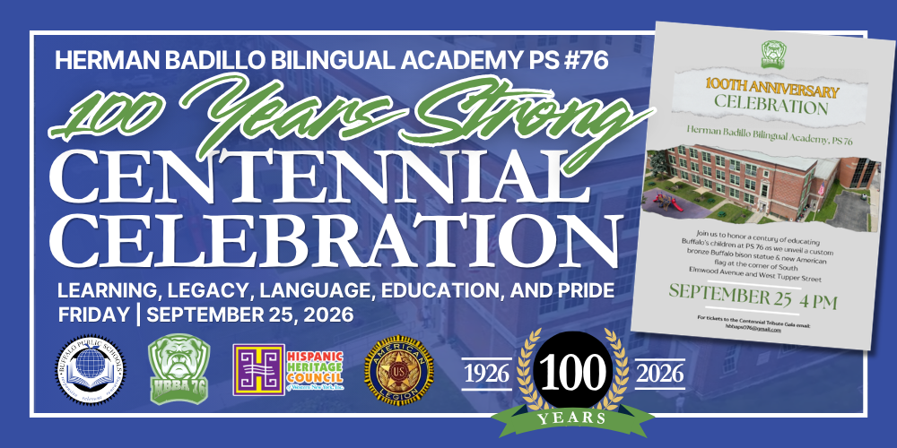Banner graphic for Herman Badillo Bilingual Academy PS #76 advertising a “100 Years Strong Centennial Celebration.” The design features large white and yellow text over a blue background with a faint school image. Event details read “Learning, Legacy, Language, Education, and Pride” and “Friday, September 25, 2026.” On the right side, a vintage-style flyer highlights the 1926–2026 centennial with event schedule information and a gala. School and partner logos appear along the bottom.