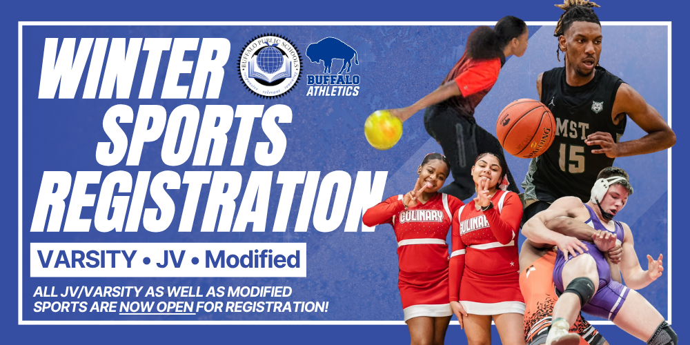 Athletics | Winter Sports Registration Varsity, JV, Modified All JV/Varsity as well as Modified spoars are now open for registration! pictures of student athletes playing various sports in a collage.