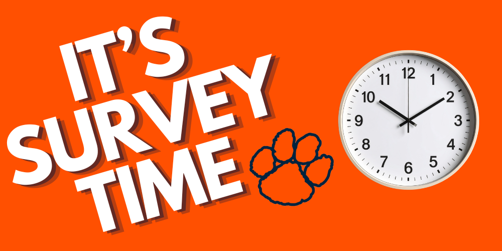 An orange backgound that says "It;s Survey Time" with a clock on it and the 363 Paw logo