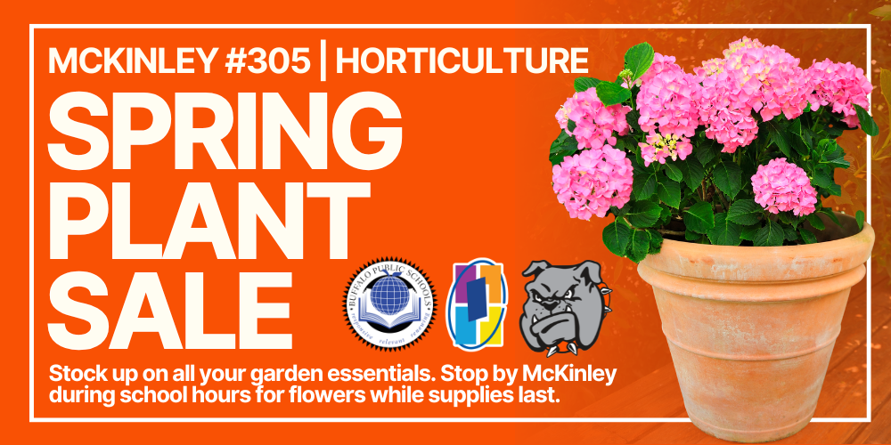 Promotional graphic for “McKinley #305 Horticulture Spring Plant Sale,” featuring large white text on a blue background beside a terracotta pot of pink flowering plants. Includes Buffalo Public Schools and bulldog logos and notes that plants are available during school hours while supplies last.