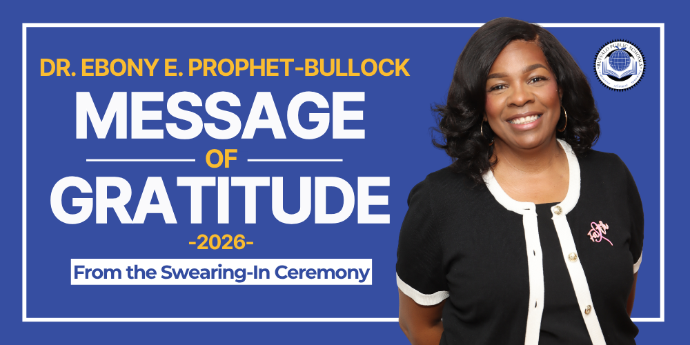 Message of Gratitude 2026 from Dr. Ebony E. Prophet-Bullock. Graphic promotes remarks from the swearing-in ceremony and features a portrait alongside Buffalo Public Schools branding on a blue background.