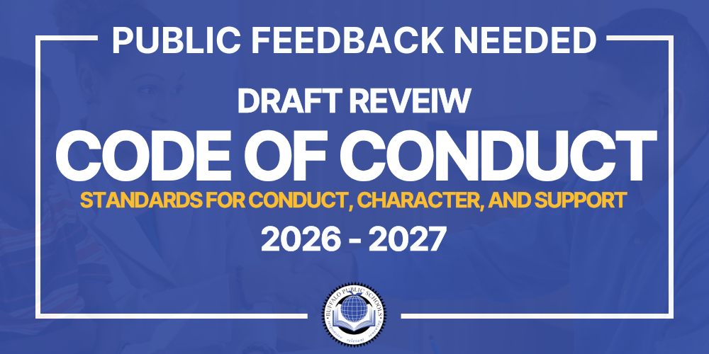 Blue informational graphic with the text: ‘Public Feedback Needed. Draft Review. Code of Conduct.’ Subtitle reads, ‘Standards for Conduct, Character, and Support.’ School year listed as 2026–2027. The Buffalo Public Schools seal appears centered near the bottom. Background includes a faint image of students, used decoratively