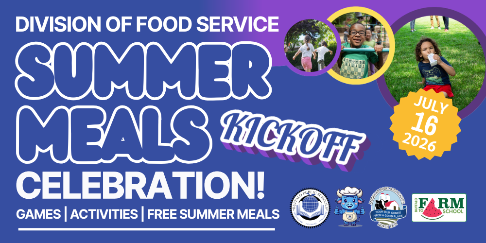 “Division of Food Service Summer Meals Kickoff Celebration. Graphic announces free summer meals with games and activities on July 16, 2026, featuring photos of children outdoors and Buffalo Public Schools branding.”