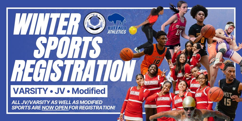 Athletics | Winter Sports Registration Varsity, JV, Modified All JV/Varsity as well as Modified spoars are now open for registration! pictures of student athletes playing various sports in a collage.