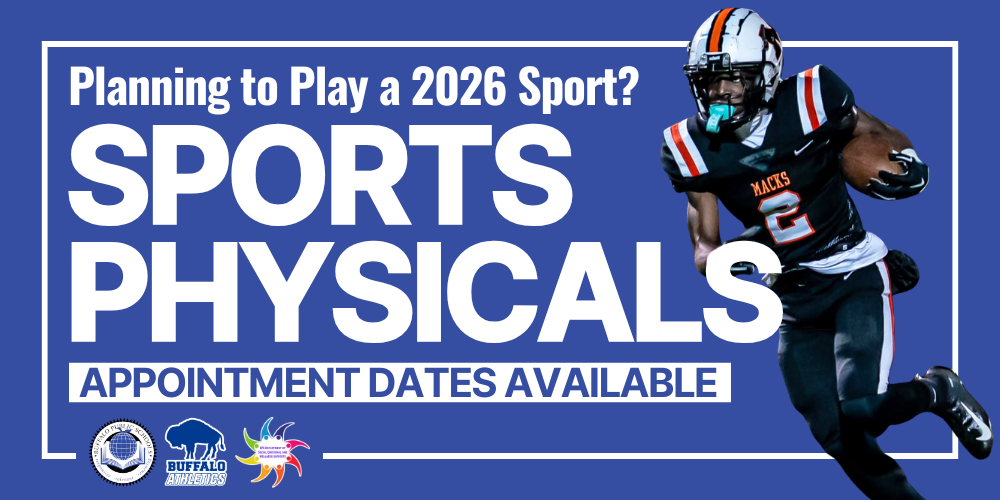 Sports physical appointments available for students planning to participate in a 2026 sport. Graphic features a football player in uniform with Buffalo Public Schools and Buffalo Athletics logos on a blue background