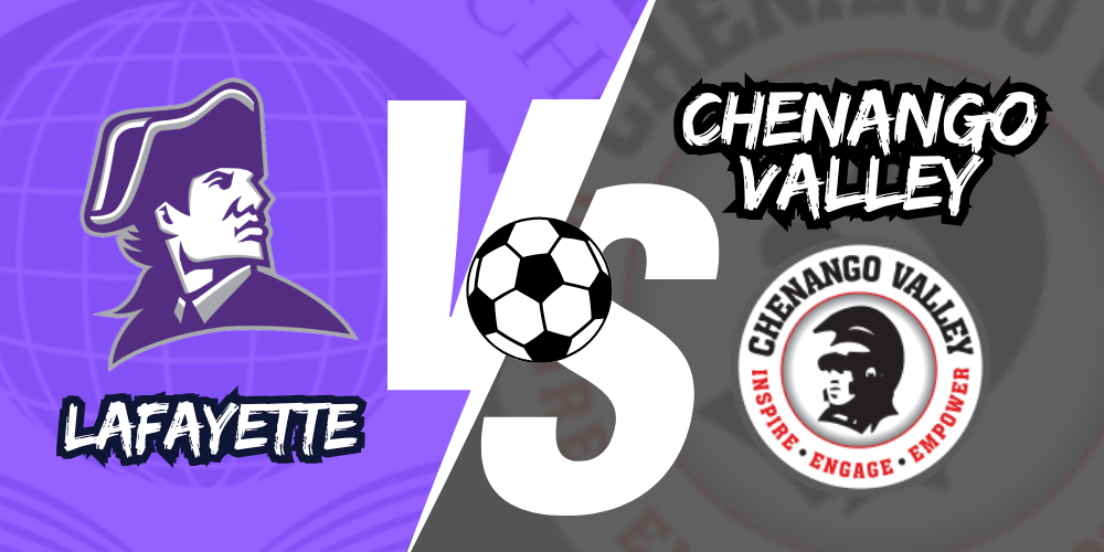 Lafayette logo vs Chenango Valley  logo  VS with soccer ball in middle