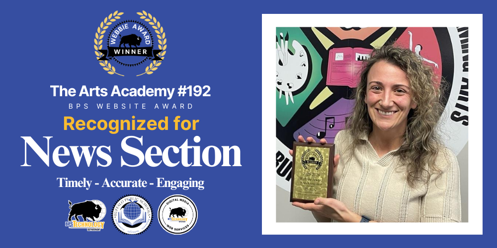 Timely - Accurate - Engaging Recognized for The Arts Academy #192 BPS WEBSITE AWARD News Section A picture of Teacher holding awared
