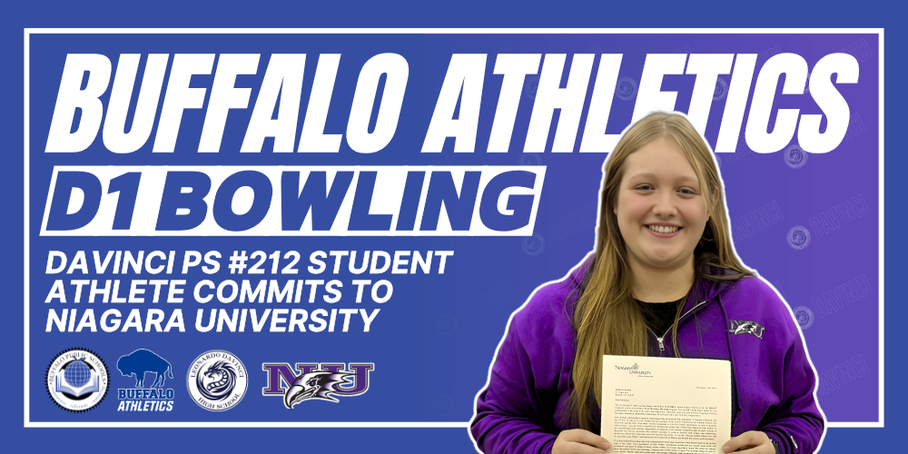 Buffalo Athletics BPS DaVinci PS #212 Student Athlete Commits to Niagara University  Student athlete holding a letter and BPS, Athletics, daVinci , and Niagara University Logos