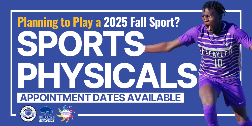 Picture of a Soccer player with text readiing, Planning to play a 2025 Fall Sport? Sports PhycialS Appointment Dates Available