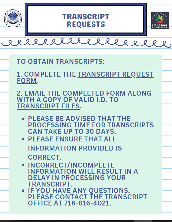 file that explains how to obtain student transcripts. click link within post to complete transcript form