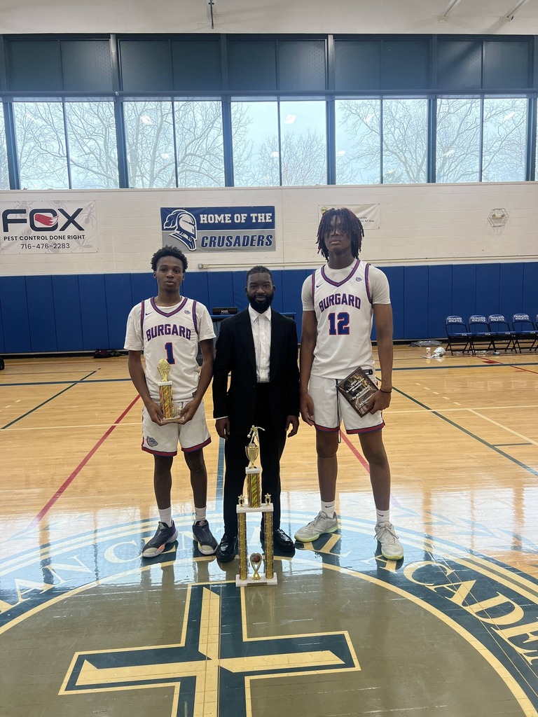 Burgard Basketball Players with Trophy and Coach