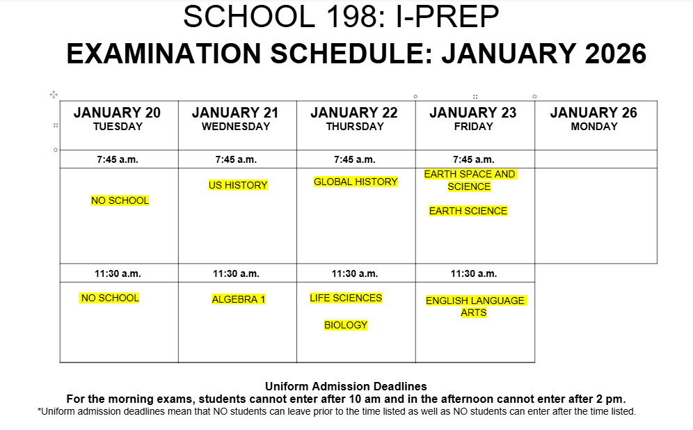 RESCHEDULED EXAMS AS OF JANUARY 20 2026. ELA IS NOW FRIDAY AT 11:30 AND BIO, LIFE SCIENCES ARE THURSDAY AT 11:30. 