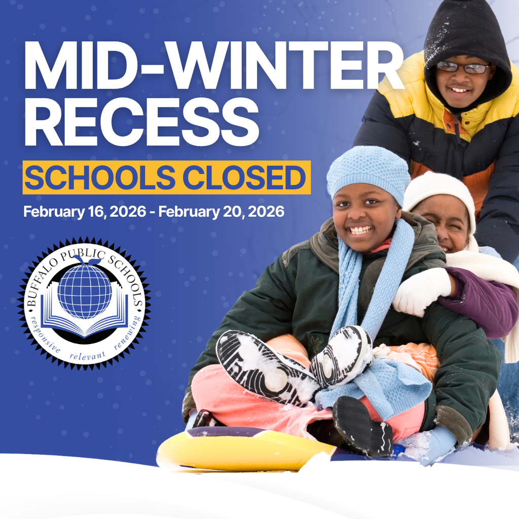 Mid-Winter Recess! Schools Closed 2/16/2026-2/20/2026 | A picture of 3 kids on a sled.