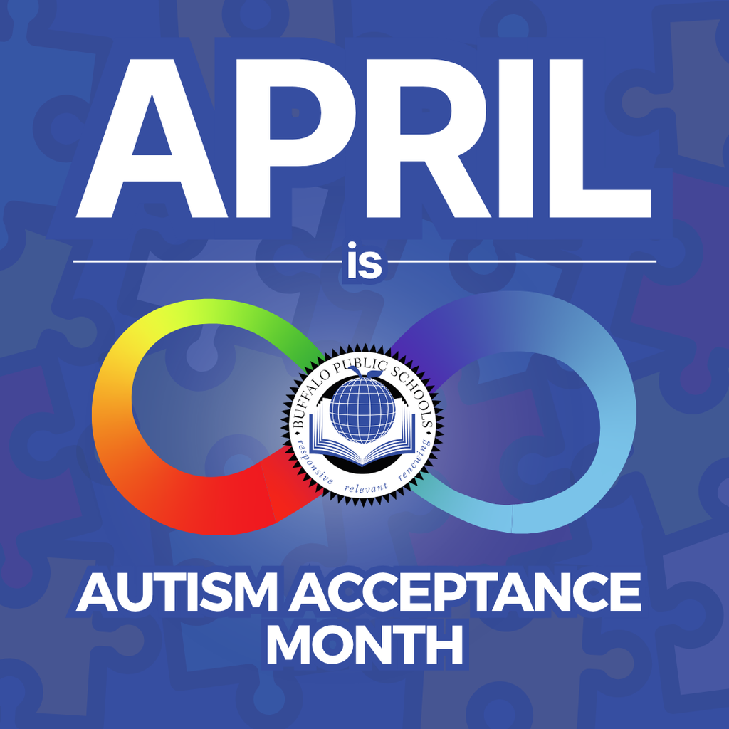 April is Autism Acceptance Month an infinity sign with BPS Logo in the middle