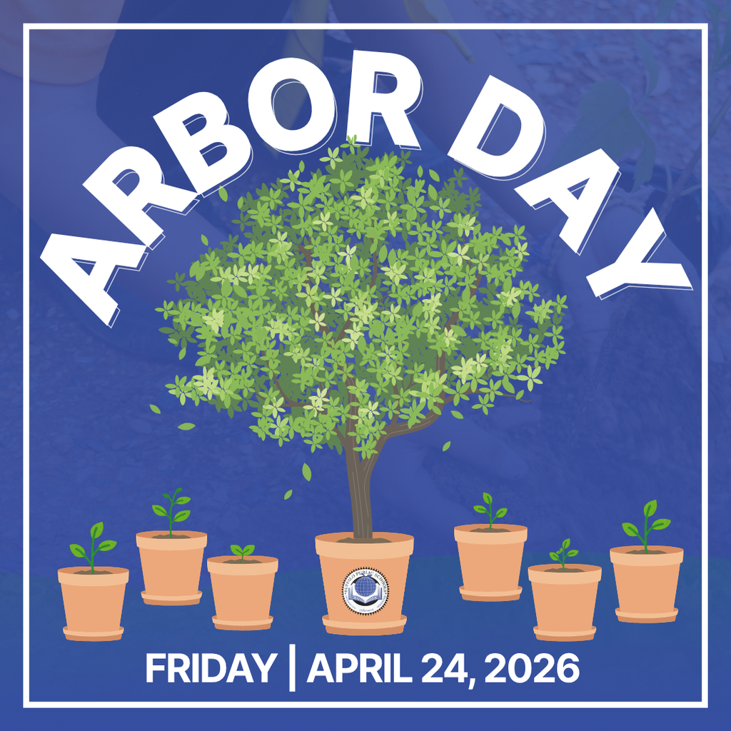 quare graphic announcing “Arbor Day.” The design shows a large leafy tree growing from a pot labeled with the Buffalo Public Schools seal, surrounded by smaller potted seedlings at different stages of growth. Text at the bottom reads “Friday | April 24, 2026” on a blue background.