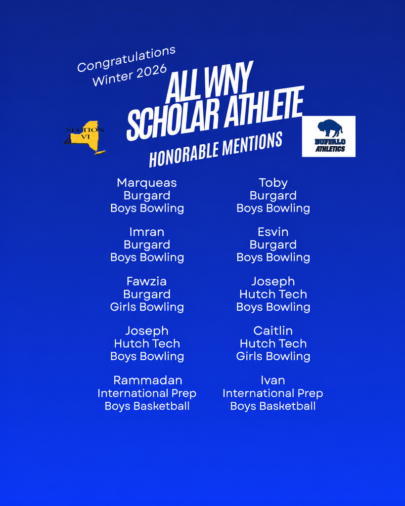 All WNY Scholar Athlete Honorable Mentions graphic for Winter 2026 on a blue gradient background. The design includes Section VI and Buffalo Athletics logos, with a two-column list of student-athletes recognized by first name only, along with their school and sport: Marqueas (Burgard, Boys Bowling), Toby (Burgard, Boys Bowling), Imran (Burgard, Boys Bowling), Esvin (Burgard, Boys Bowling), Fawzia (Burgard, Girls Bowling), Joseph (Hutch Tech, Boys Bowling), Joseph (Hutch Tech, Boys Bowling), Caitlin (Hutch Tech, Girls Bowling), Rammadan (International Prep, Boys Basketball), and Ivan (International Prep, Boys Basketball).