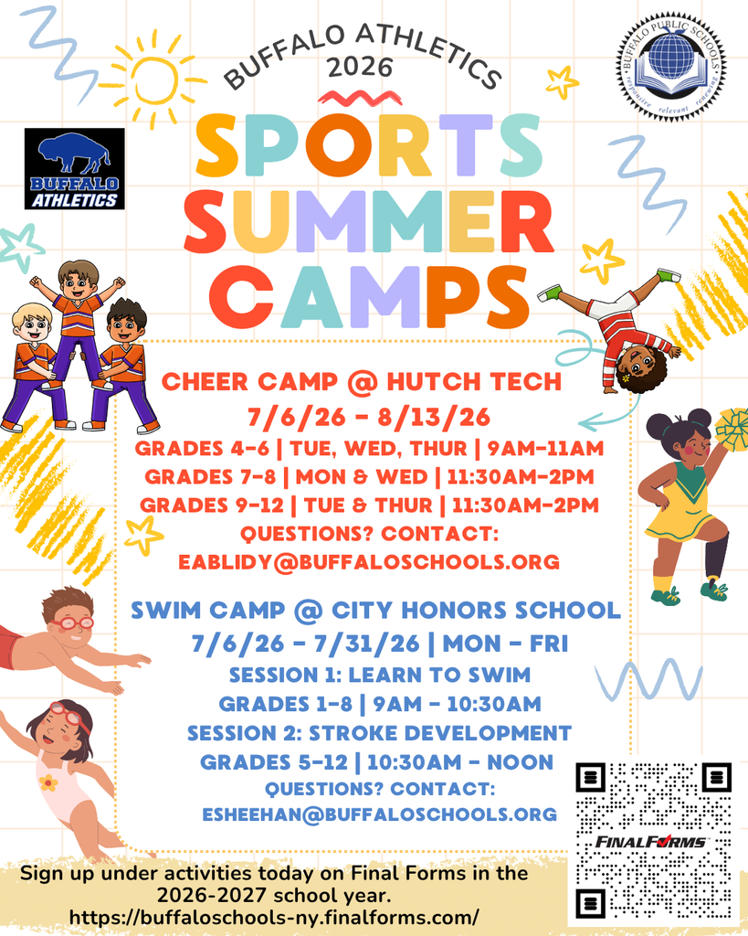 Summer Camp flyer 2026, cheer at hutch tech and swim at city honors, register on finalforms in the 2026-2027 school year