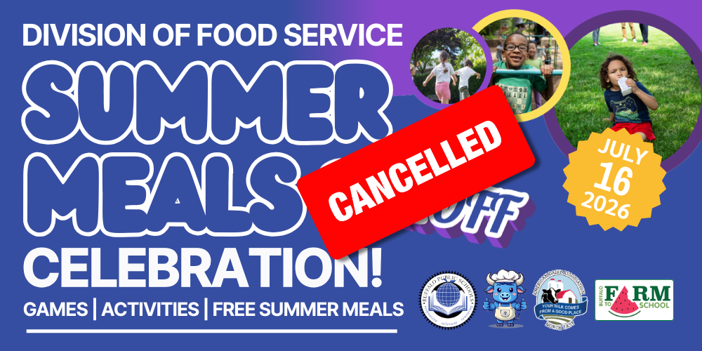 Division of Food Service Summer Meals Kickoff Celebration announcement marked ‘Canceled.’ Graphic promotes free summer meals, games, and activities scheduled for July 16, 2026, and includes photos of children, partner logos, and Buffalo Public Schools branding