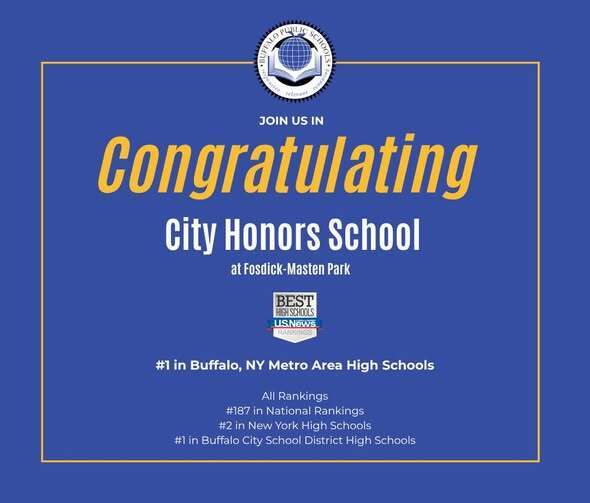 Congratulations graphic recognizing City Honors School at Fosdick-Masten Park. The image highlights the school’s ranking as the #1 high school in the Buffalo, New York metro area and includes U.S. News Best High Schools rankings information and Buffalo Public Schools branding.