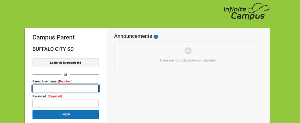 Snapshot of the Infinite Campus Log In Screen
