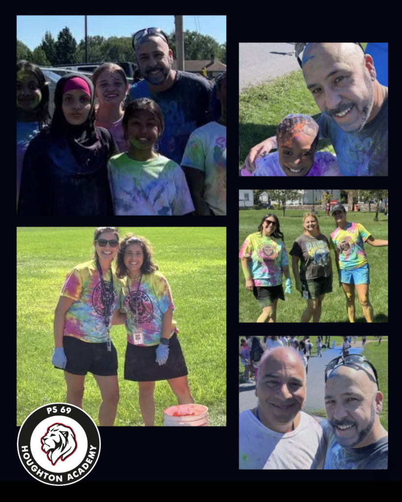 “Photo collage from a Houghton Academy PS 69 outdoor school event. Images show students and staff participating in activities on a grassy field, including group photos, color-themed event activities, and community gathering moments. The Houghton Academy PS 69 logo appears in the lower-left corner.”
