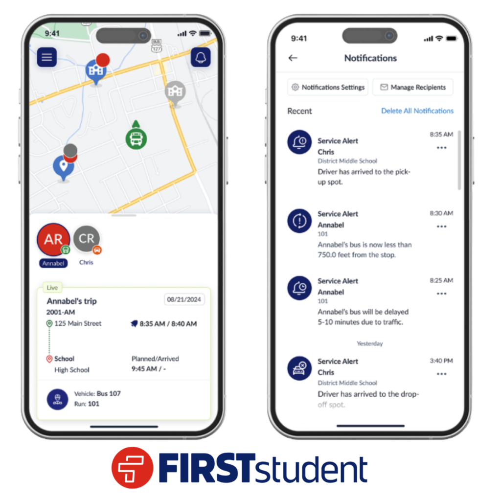 “FirstView student transportation app graphic showing mobile screens with real-time school bus tracking, route information, and service alerts. The image features map views, trip details, notification examples, and the First Student logo.”