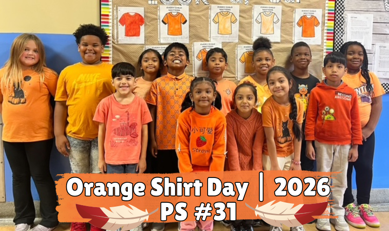 Students from School 31 wearing oranges shirts
