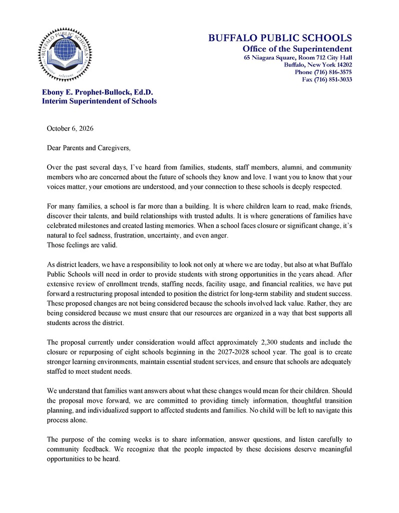 Parent Letter regarding school closures, mergers and moves.