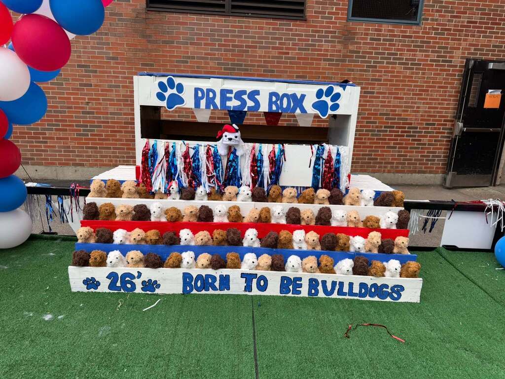 Stuffed animals in makeshift pressbox