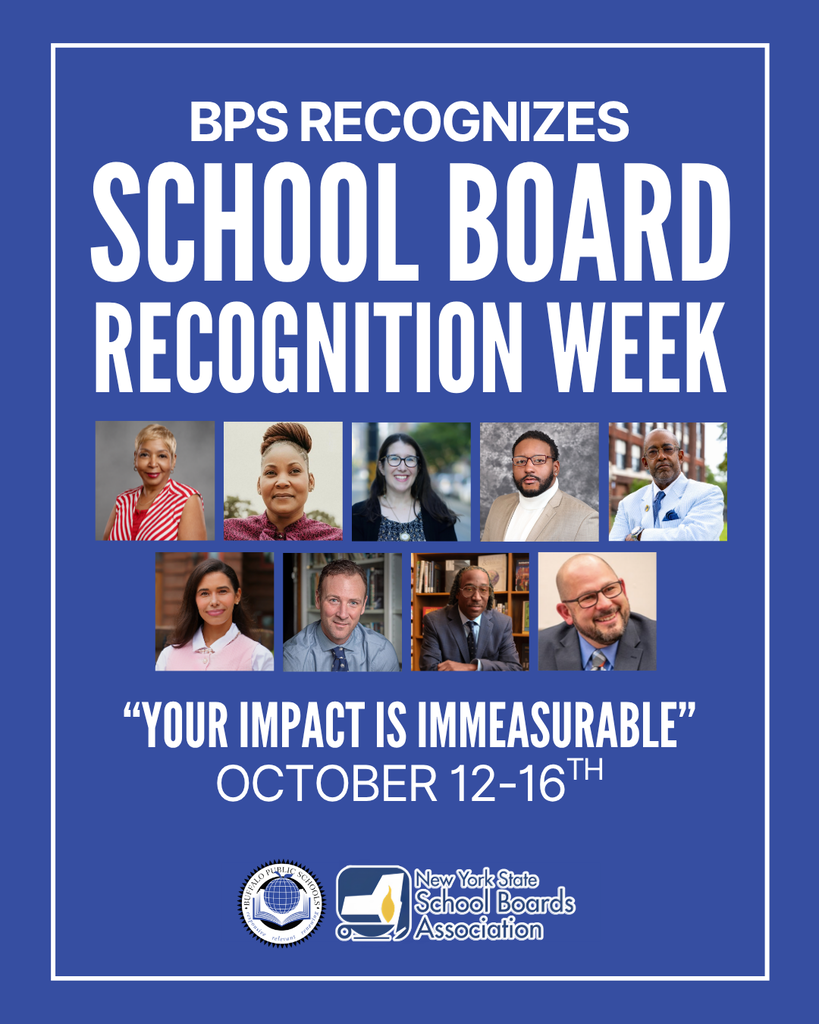 “Buffalo Public Schools School Board Recognition Week graphic recognizing Board of Education members during October 12–16, 2026. The image features the Buffalo Public Schools seal, portraits of board members, and the message ‘Your Impact Is Immeasurable.’”