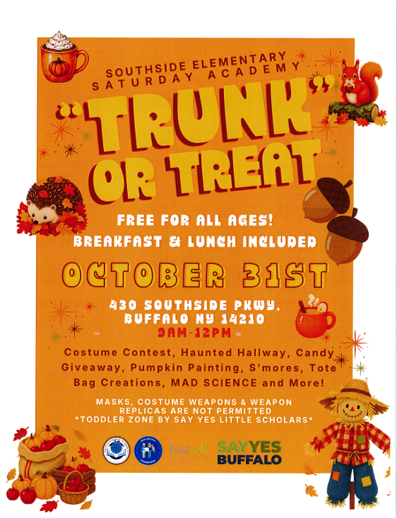 Please join us for our Saturday Academy Trunk or Treat. We will have a Costume Contest, Haunted Hallway, Candy; Giveaway, Pumpkin Painting, S'mores, Tote Bag creations, MAD SCIENCE and More!