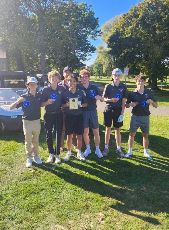 7 Boy Golf Student Athletes Holding Patches 