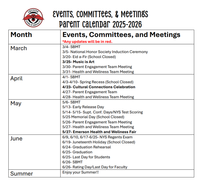 Events, Committees, and Meetings Parent Calendar for the 2025–2026 school year showing scheduled events from March through June