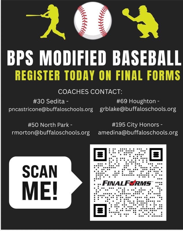 Flyer for BPS Modified Baseball announcing registration on FinalForms, with baseball graphics, coach contact information for four schools, and a FinalForms QR code labeled ‘Scan Me.