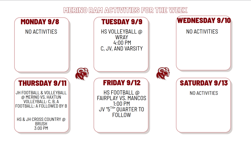 Activities for the week of Sept. 8th-Sept. 13th. Go Rams!