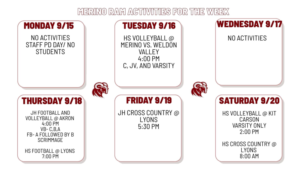 Activities for the week of Sept. 15th-Sept. 20th. Go Rams!