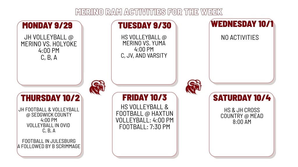 Activities for the week of Sept. 29th-Oct. 4th. Go Rams!